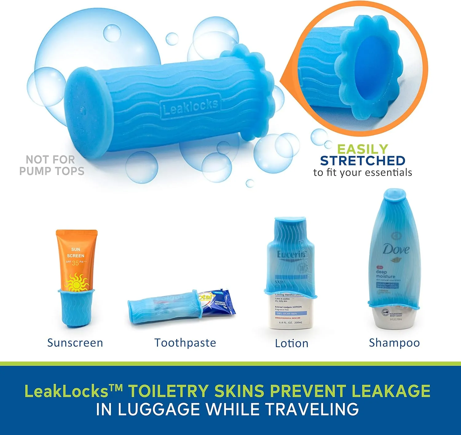 LeakLocks® Toiletry Skins™ Elastic Sleeve for Leak Proofing Travel Container in Luggage. For Standard and Travel Sized Toiletries. Reusable Accessory for Travel Bag Suitcase and Carry-on Luggage