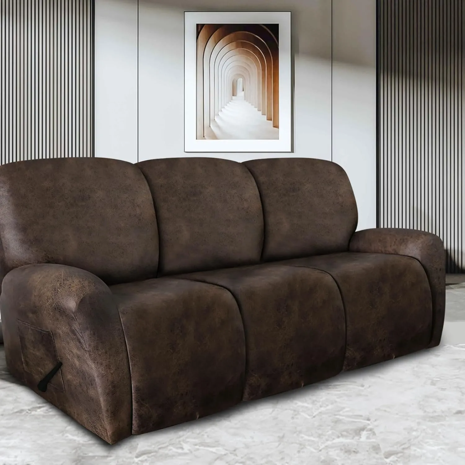 Leather Look Recliner Couch Cover 8-Piece Recliner Sofa Slipcovers 3 Seater for Reclining Couches Furniture Protector Spandex Fabric Washable (Recliner Sofa, Brown)