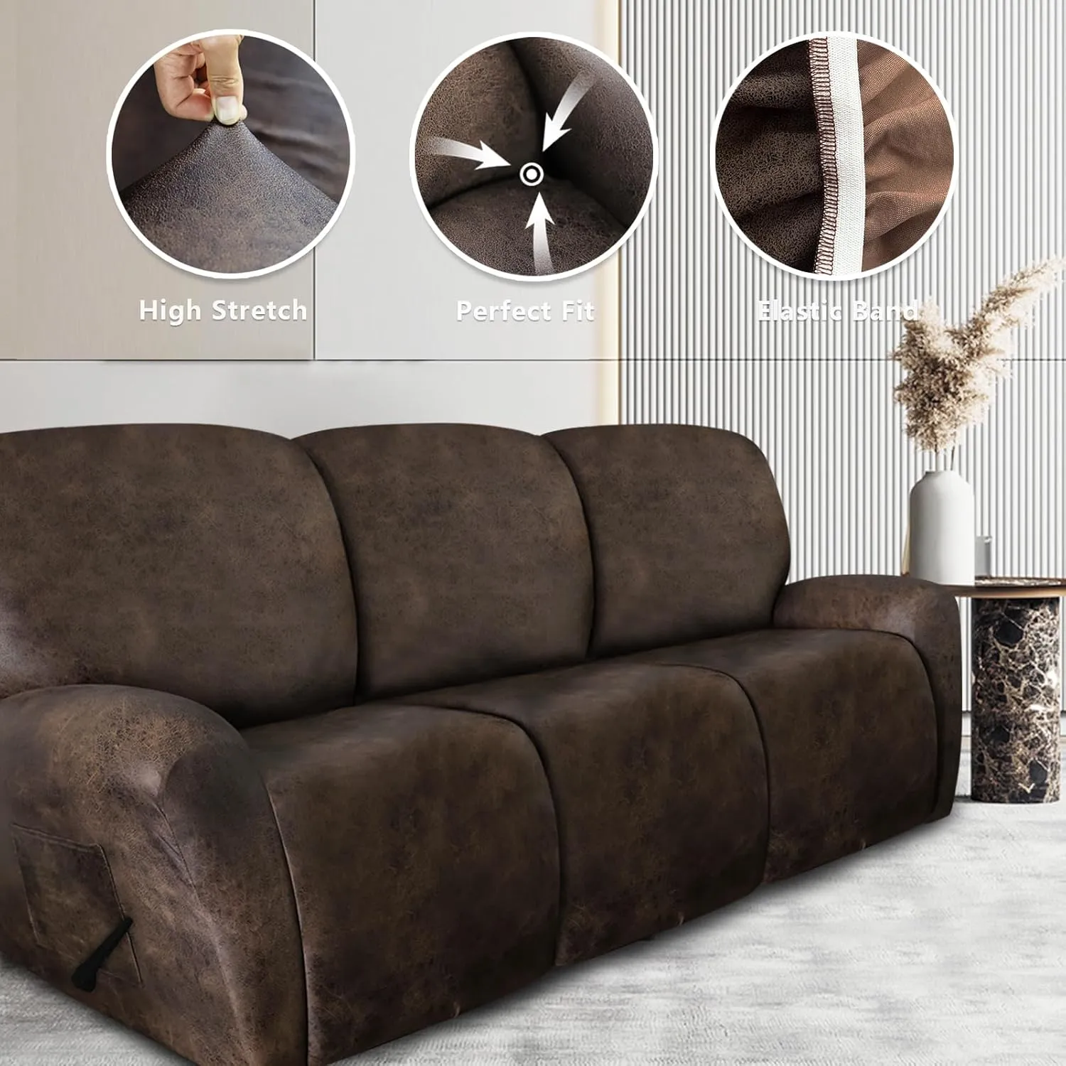 Leather Look Recliner Couch Cover 8-Piece Recliner Sofa Slipcovers 3 Seater for Reclining Couches Furniture Protector Spandex Fabric Washable (Recliner Sofa, Brown)