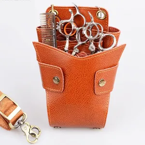 Leather Scissors Bag,Hairdresser Waist Shoulder Holder Case Multifunctional Satchel for Pushing, Shear,Roll Comb,Water Bottle Hair Stylist Cosmetic Organizer Pouch A