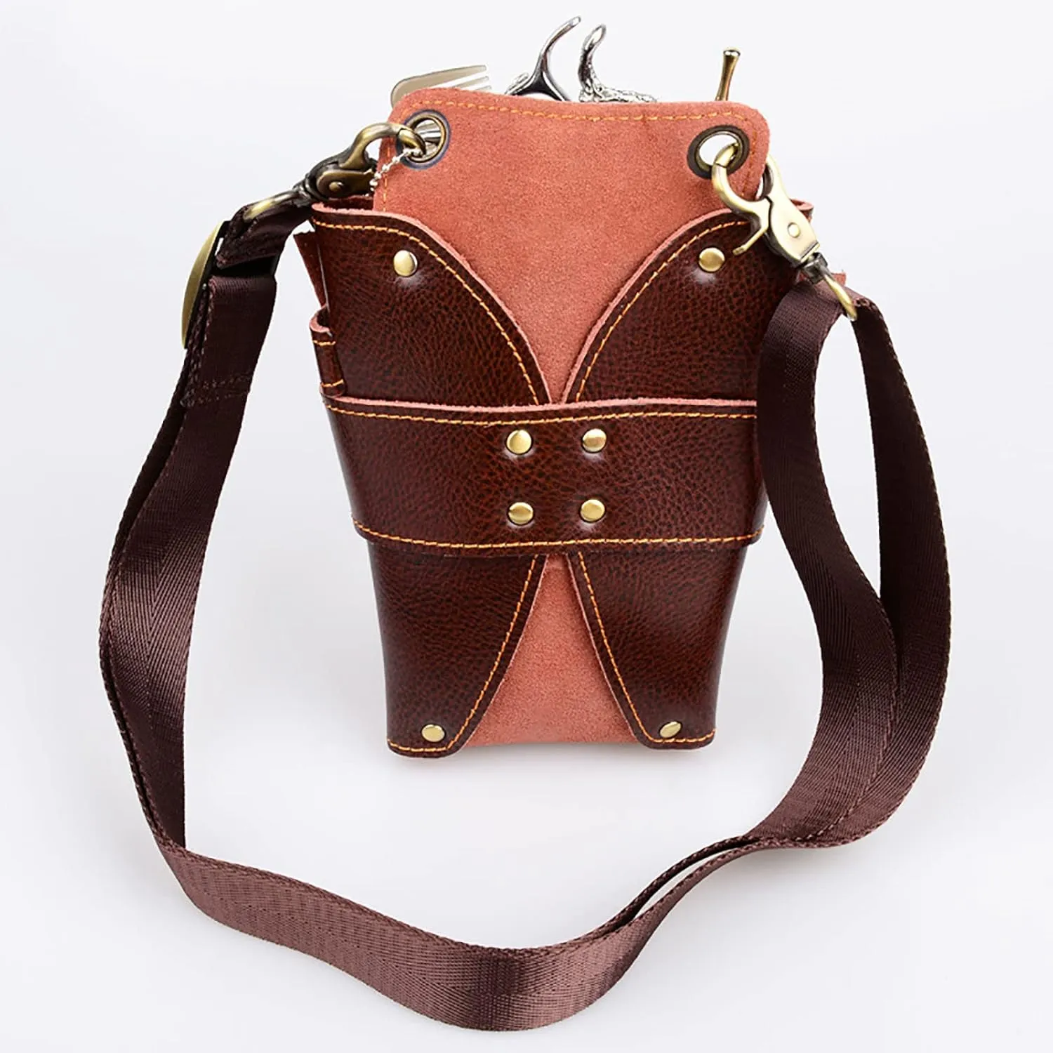 Leather Scissors Bag,Hairdresser Waist Shoulder Holder Case Multifunctional Satchel for Pushing, Shear,Roll Comb,Water Bottle Hair Stylist Cosmetic Organizer Pouch A