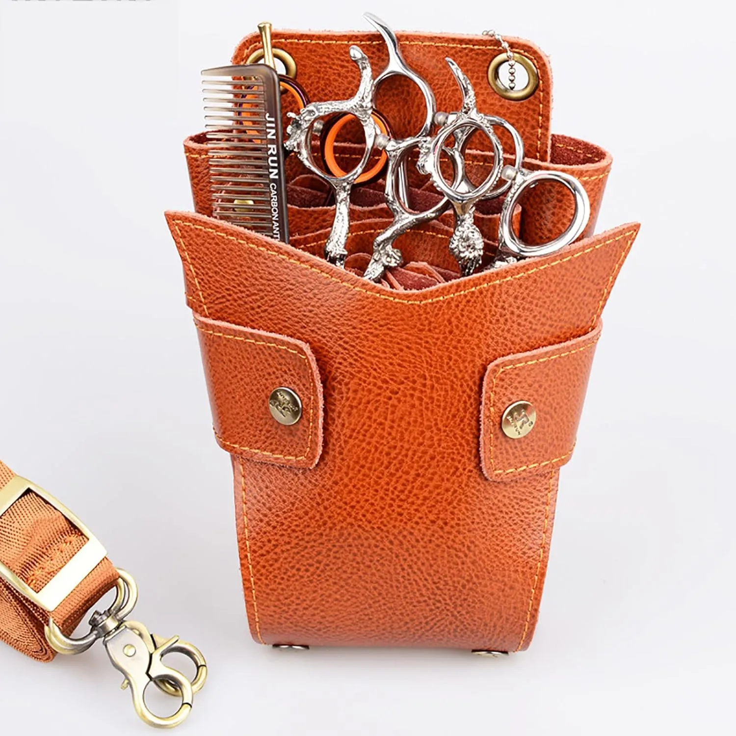 Leather Scissors Bag,Hairdresser Waist Shoulder Holder Case Multifunctional Satchel for Pushing, Shear,Roll Comb,Water Bottle Hair Stylist Cosmetic Organizer Pouch A