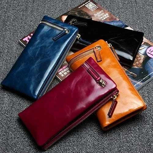 Leather Wallet Pu Leather Women's Wallet Fashion Large Capacity Long Purse Clutch for Girls Convenient Coin Pocket Card Holder Large Capacity (Blue,8.5x19cm)