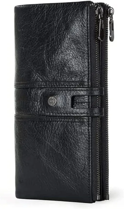 Leather Wallet PU Leather Women's Wallet Retro Long Large Capacity Zipper Purse Clutch Girls Fashion Coin Pocket Birthday Large Capacity (Black,19.5x9.5cm)