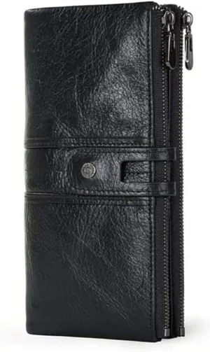 Leather Wallet PU Leather Women's Wallet Retro Long Large Capacity Zipper Purse Clutch Girls Fashion Coin Pocket Birthday Large Capacity (Black,19.5x9.5cm)