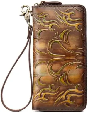 Leather Wallet Women's Wallet Large Capacity Long Purse Clutch Natural Pattern Vintage Coin Pocket Ladies Birthday Large Capacity (Yellow,10x19cm)
