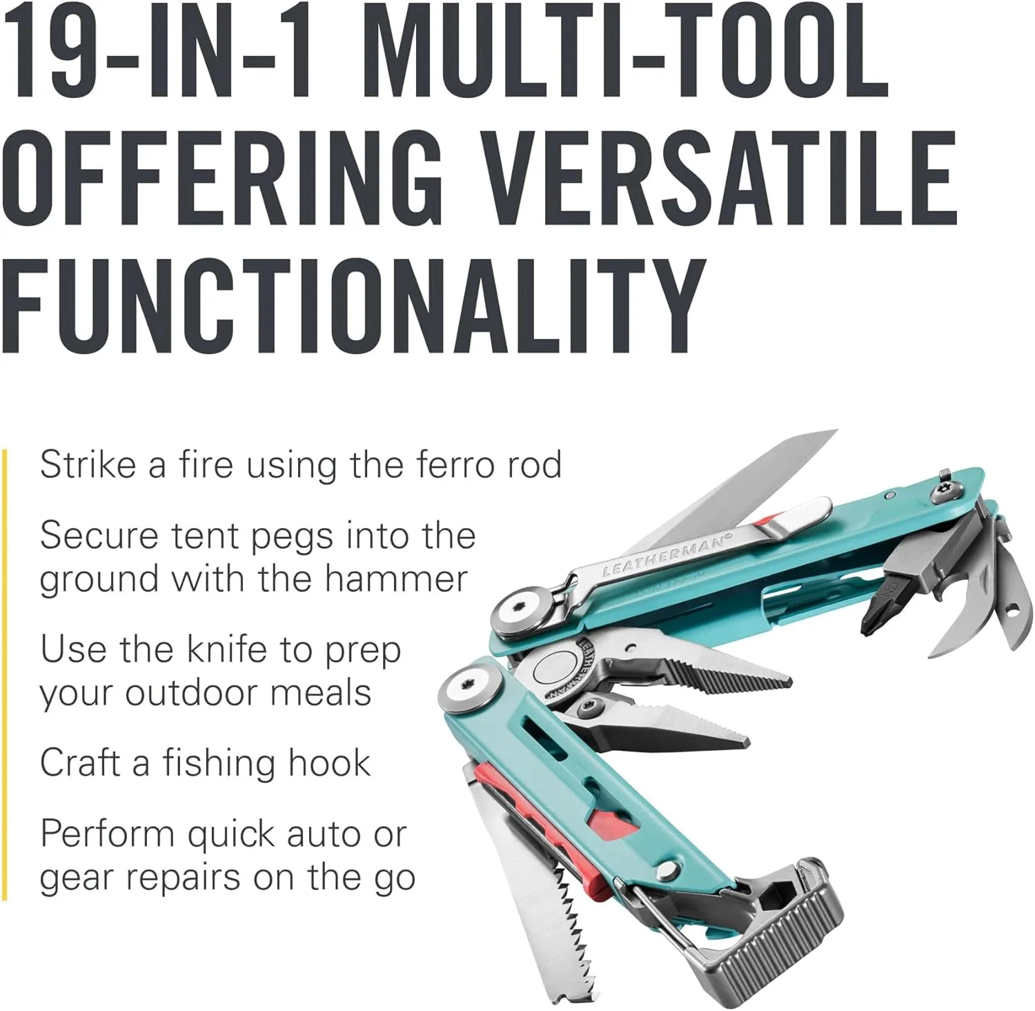 LEATHERMAN, Signal, 19-in-1 Multi-tool for Outdoors, Camping, Hiking, Fishing, Survival, Durable & Lightweight EDC, Made in the USA, Aqua/Silver with Nylon Sheath