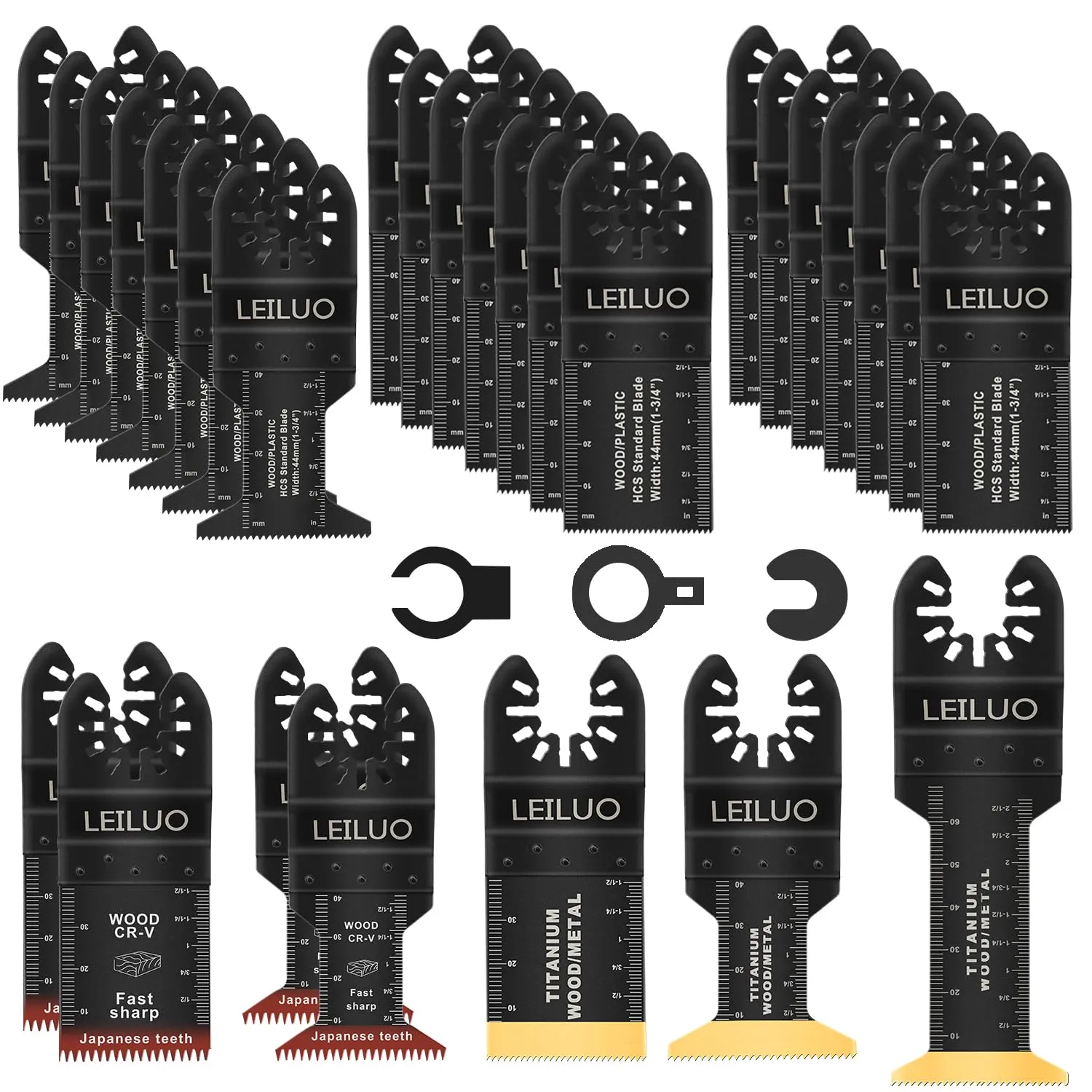 LEILUO 32 Pcs Multitool Blade Kit for Wood Nails Titanium Oscillating Saw Blades Japanese Tooth Oscillating Tool Accessories with Storage Bag Compatible with DeWalt Makita Dremel and More