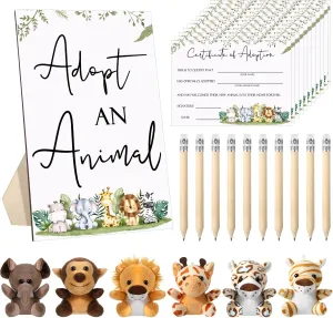 Leitee 59 Pcs Safari Jungle Party Favors 24 Safari Jungle Stuffed Animals 24 Certificate Cards 10 Pencils with Adopt an Animal Sign Adoption Certificate Set for Valentines Baby Shower Birthday