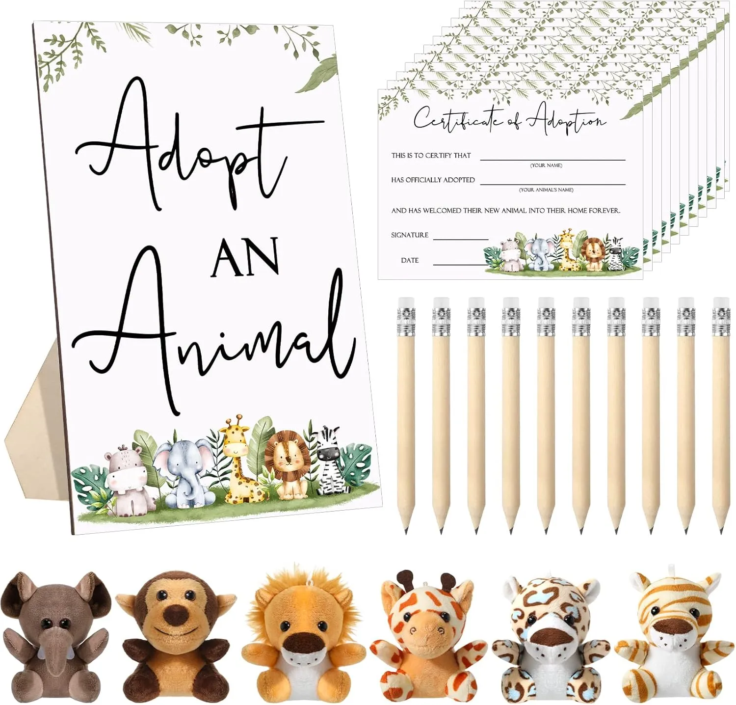 Leitee 59 Pcs Safari Jungle Party Favors 24 Safari Jungle Stuffed Animals 24 Certificate Cards 10 Pencils with Adopt an Animal Sign Adoption Certificate Set for Valentines Baby Shower Birthday