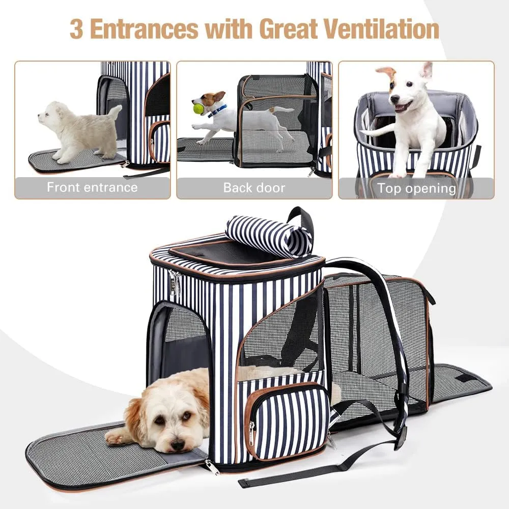 Lekereise Large Cat Backpack Expandable Pet Backpack Carrier for Small Medium Dogs Cats, Dog Carrier Backpack with Breathable Mesh and Inner Safety Leash, Striped