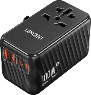 LENCENT Universal Travel Adapter, 100W GaN International Fast Charger with 2 PD3.0 Type C 2 QC USB A, Worldwide Power Adaptor for Phones,Laptops, All in One Travel Essentials for EU/USA/UK/AU, Black