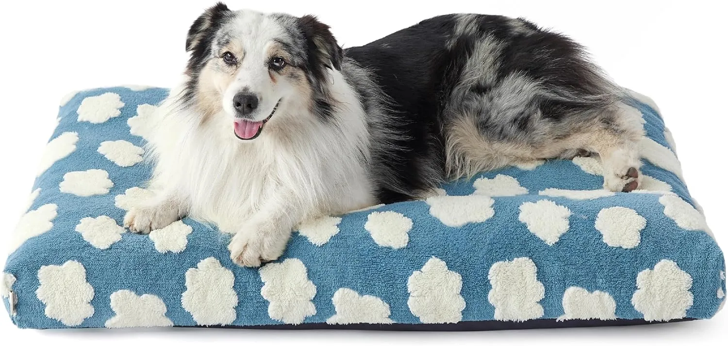 Lesure Cute XL Dog Bed for Crate-Thick Shredded Chopped Foam Pet Bed Indoor with Removable Washable Cover, Modern Fuzzy Plush & Anti Slip Bottom, Blue