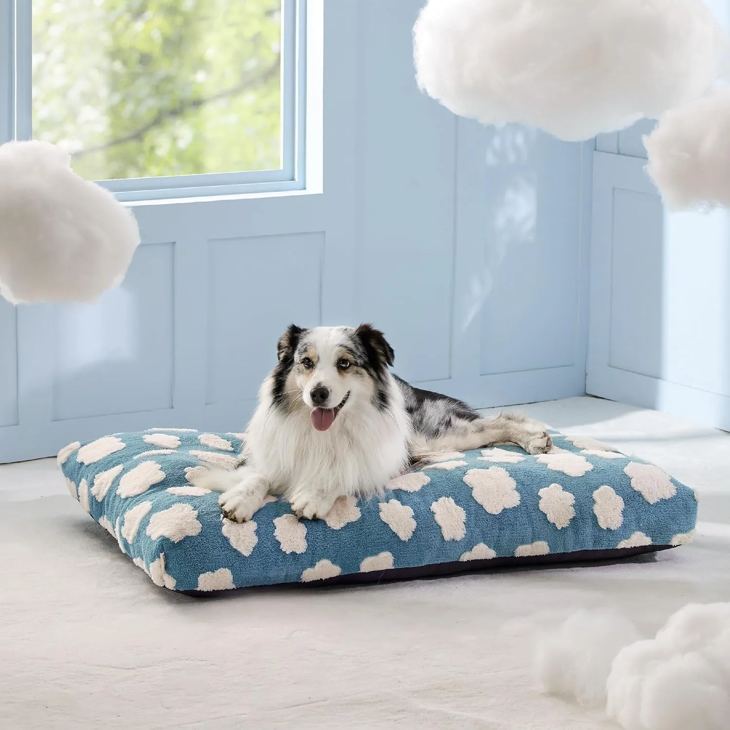 Lesure Cute XL Dog Bed for Crate-Thick Shredded Chopped Foam Pet Bed Indoor with Removable Washable Cover, Modern Fuzzy Plush & Anti Slip Bottom, Blue
