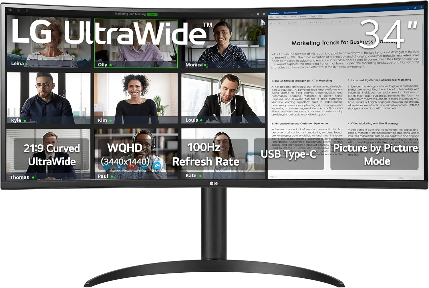 LG 34WR55QK-B 34-inch UltraWide WQHD (3440 x 1440) Curved Computer Monitor, 100Hz, 5ms, HDR10, Reader Mode, HDMI, DisplayPort, USB Type-C, Tilt/Height Adjustable Stand, Black
