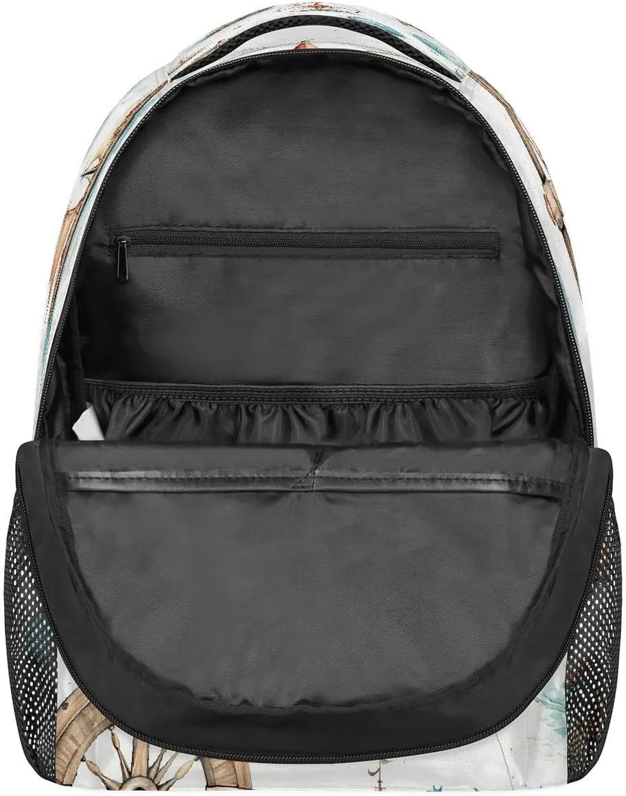 Lightweight Travel Backpack, Nautical Compass Sailing Large Capacity Bookbag, Waterproof Travel Bag Casual Daypack for Men Women Adults