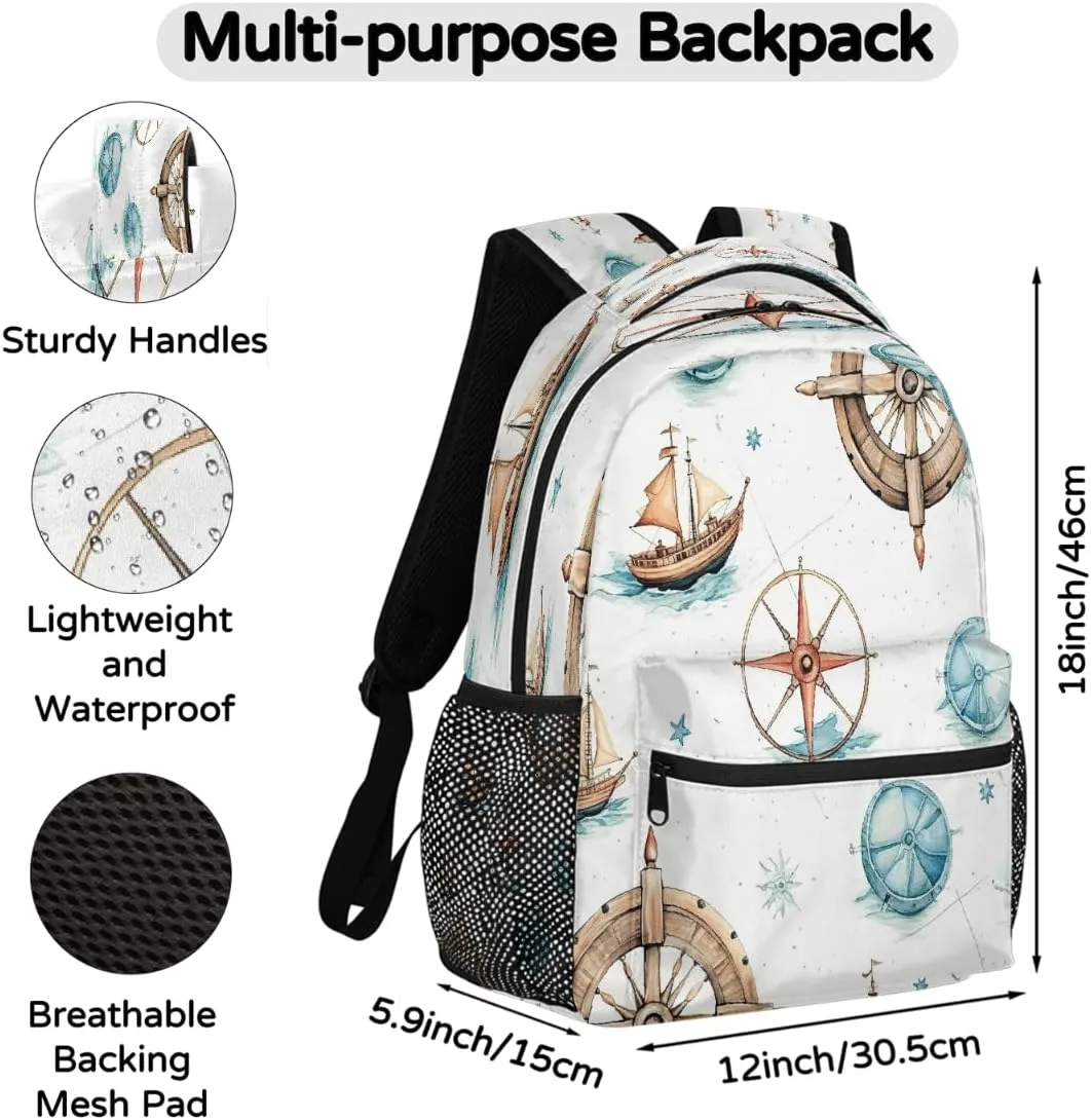 Lightweight Travel Backpack, Nautical Compass Sailing Large Capacity Bookbag, Waterproof Travel Bag Casual Daypack for Men Women Adults