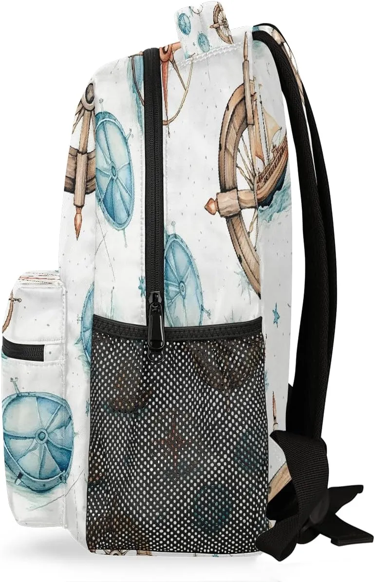 Lightweight Travel Backpack, Nautical Compass Sailing Large Capacity Bookbag, Waterproof Travel Bag Casual Daypack for Men Women Adults