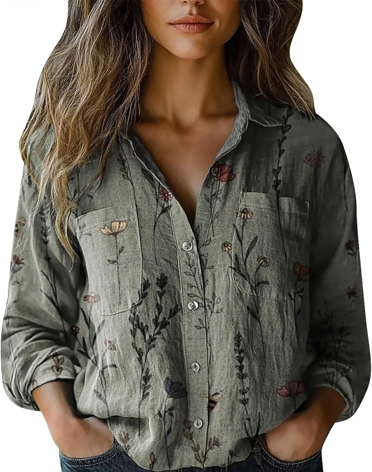 Linen Button Down Shirt Women Sleeve Collar Casual Women's Shirt Women's Shirt Women's Blouses Womens Clothing