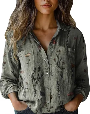 Linen Button Down Shirt Women Sleeve Collar Casual Women's Shirt Women's Shirt Women's Blouses Womens Clothing