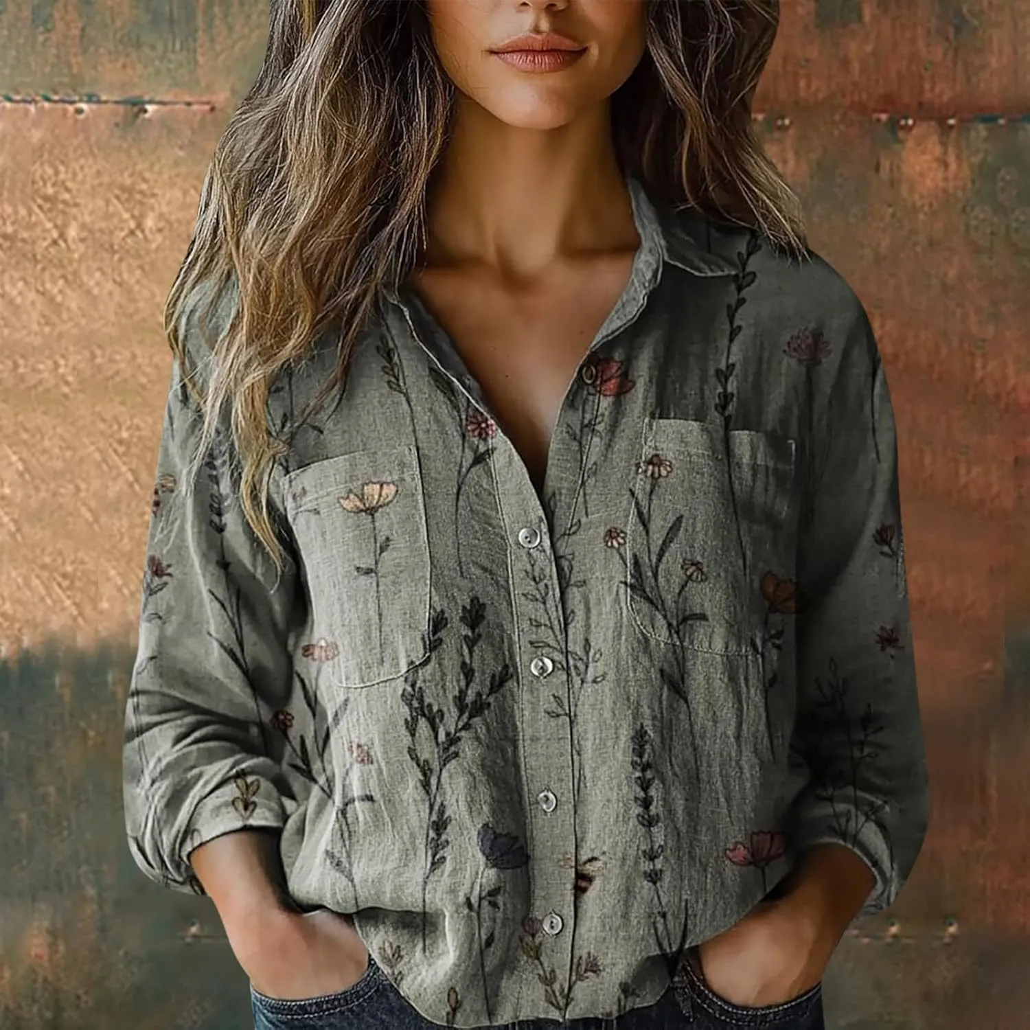 Linen Button Down Shirt Women Sleeve Collar Casual Women's Shirt Women's Shirt Women's Blouses Womens Clothing