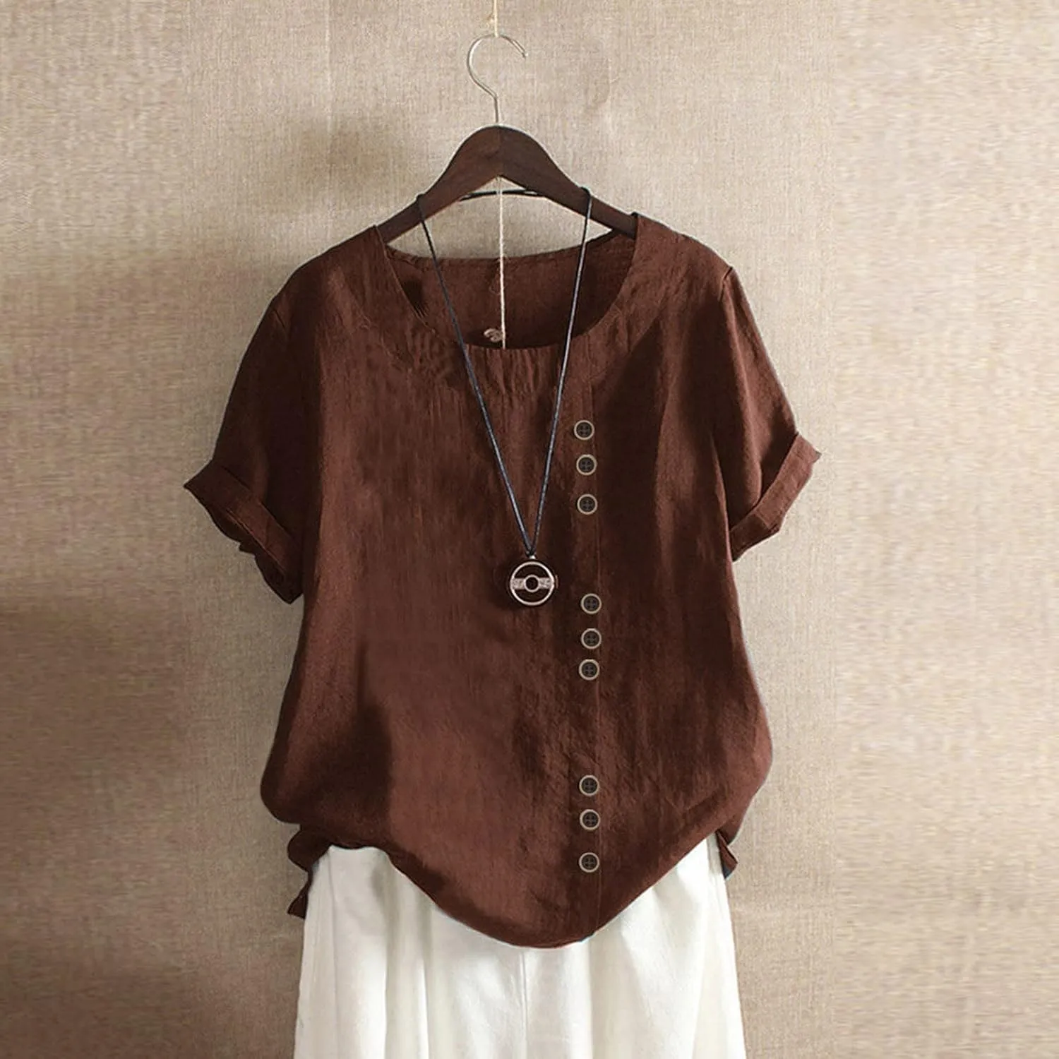 Linen Cotton Womens Short Sleeve Shirts Big Drop Collar Loose Draw Pleated Two Tops Women'S Swimwear Cover Ups
