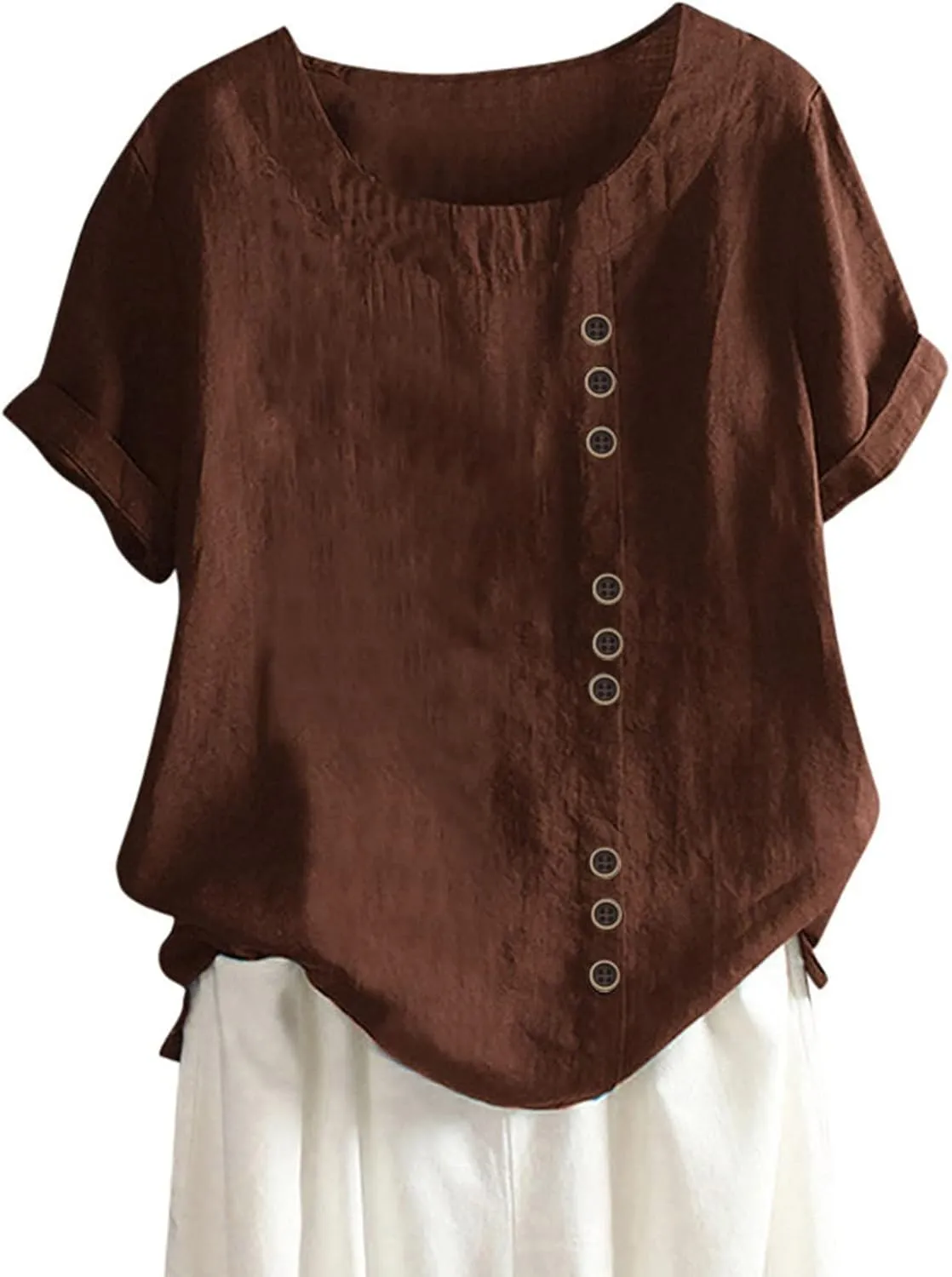 Linen Cotton Womens Short Sleeve Shirts Big Drop Collar Loose Draw Pleated Two Tops Women'S Swimwear Cover Ups
