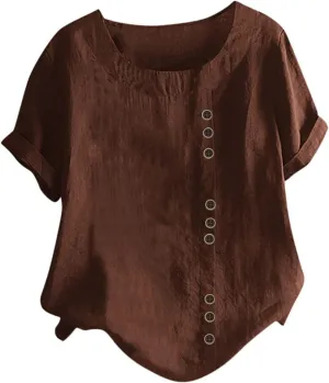 Linen Cotton Womens Short Sleeve Shirts Big Drop Collar Loose Draw Pleated Two Tops Women'S Swimwear Cover Ups
