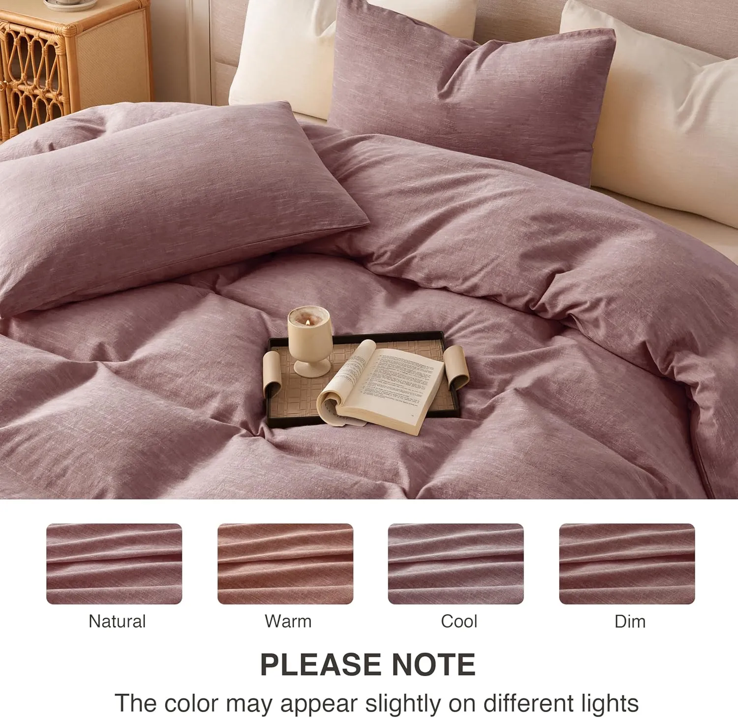 Linen Duvet Cover Queen Size - Soft Breathable Cotton Linen Blend, 3-Pieces Bedding Set with 2 Pillowcases, Stonewashed Texture, Burgundy, All-Season Comfort