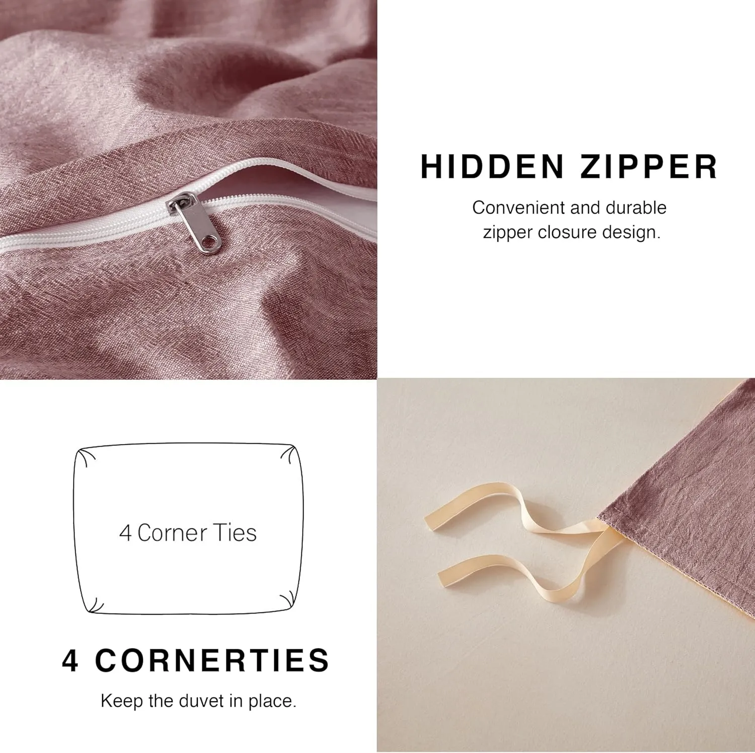 Linen Duvet Cover Queen Size - Soft Breathable Cotton Linen Blend, 3-Pieces Bedding Set with 2 Pillowcases, Stonewashed Texture, Burgundy, All-Season Comfort