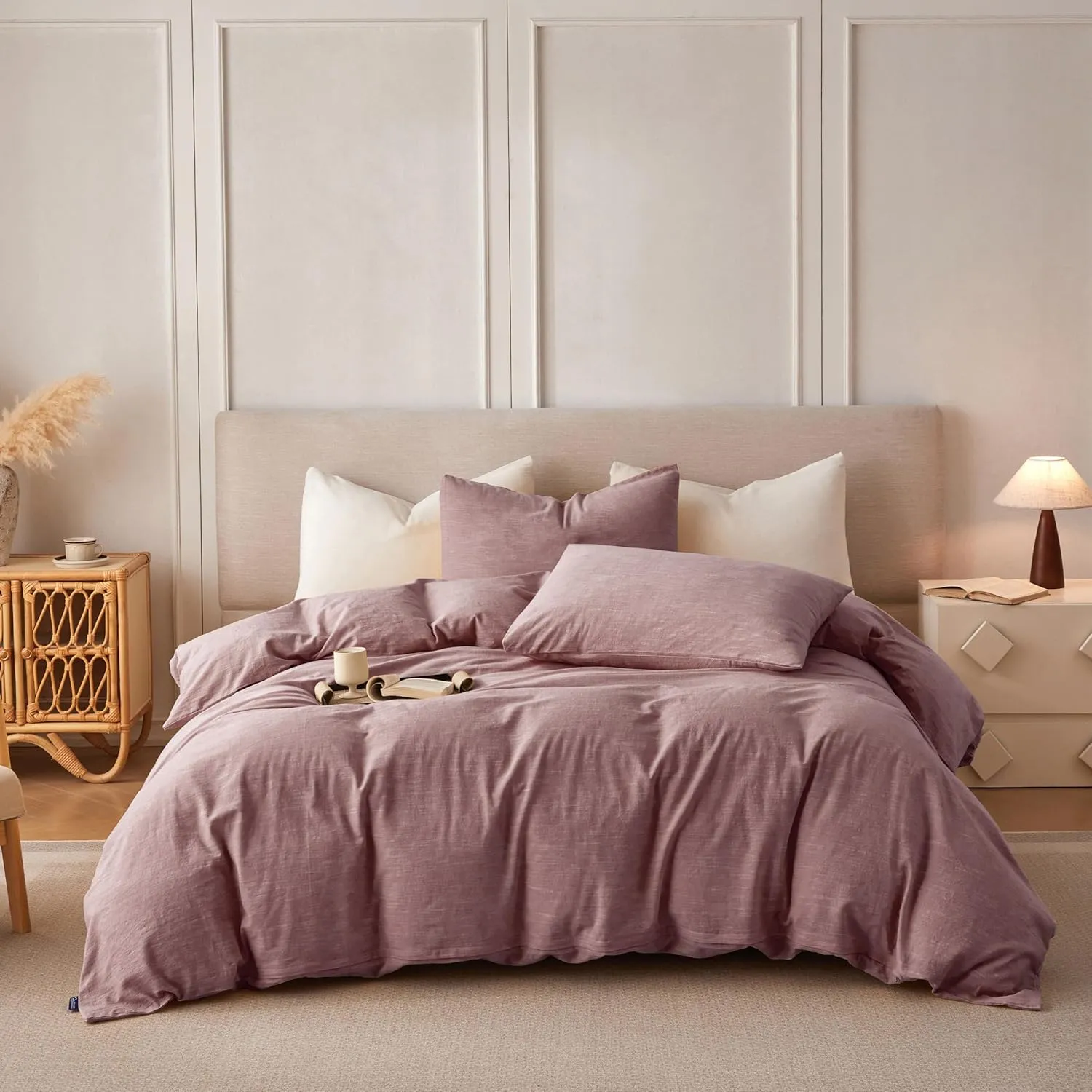 Linen Duvet Cover Queen Size - Soft Breathable Cotton Linen Blend, 3-Pieces Bedding Set with 2 Pillowcases, Stonewashed Texture, Burgundy, All-Season Comfort