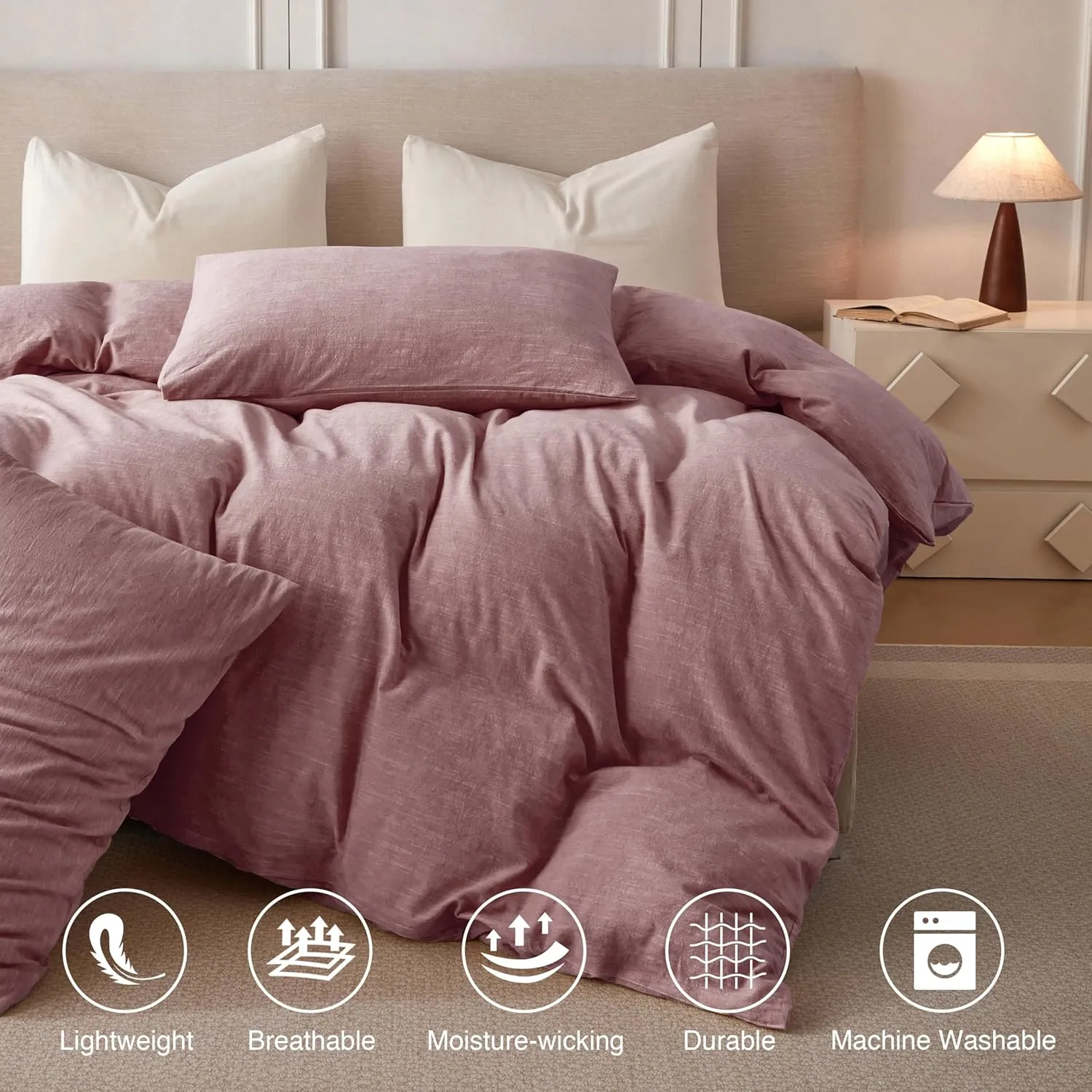 Linen Duvet Cover Queen Size - Soft Breathable Cotton Linen Blend, 3-Pieces Bedding Set with 2 Pillowcases, Stonewashed Texture, Burgundy, All-Season Comfort