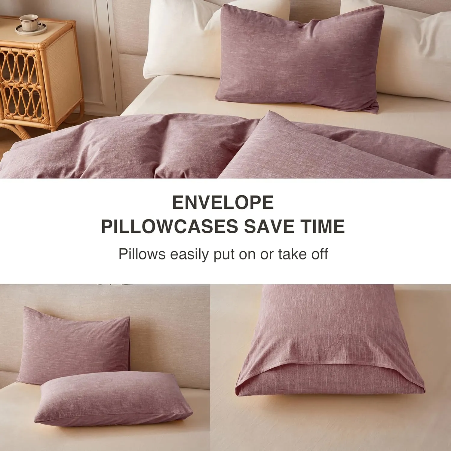 Linen Duvet Cover Queen Size - Soft Breathable Cotton Linen Blend, 3-Pieces Bedding Set with 2 Pillowcases, Stonewashed Texture, Burgundy, All-Season Comfort