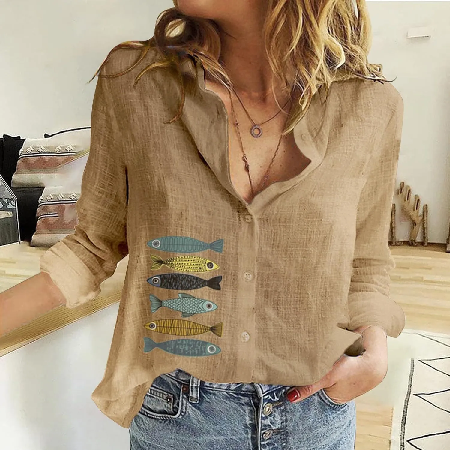 Linen Shirts for Women Shirt Long Cotton Casual Solid Women Sleeve Women's Blouse Striped Shirt Women Flannel Shirt