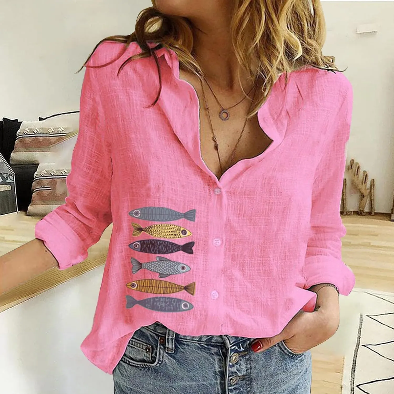 Linen Shirts for Women Shirt Long Cotton Casual Solid Women Sleeve Women's Blouse Striped Shirt Women Flannel Shirt