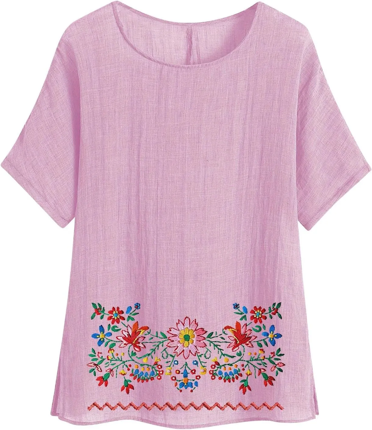 Linen Shirts for Women Short Sleeve Casual Tops Loose Fit Round Neck Blouses Fashion Graphic Print T-Shirts