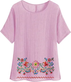 Linen Shirts for Women Short Sleeve Casual Tops Loose Fit Round Neck Blouses Fashion Graphic Print T-Shirts
