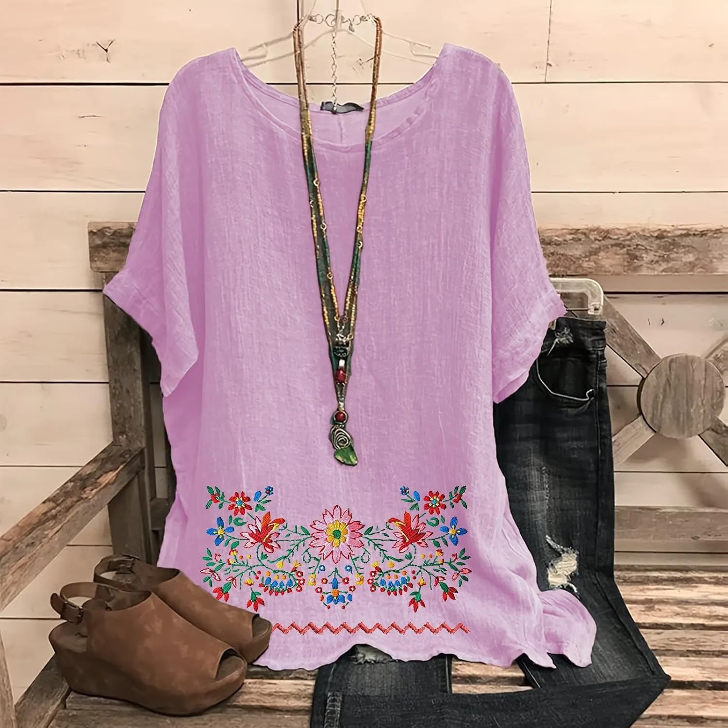 Linen Shirts for Women Short Sleeve Casual Tops Loose Fit Round Neck Blouses Fashion Graphic Print T-Shirts