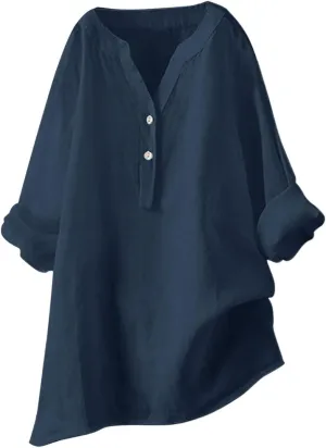 Linen Shirts for Women Summer Trendy Cotton Roll-Up Sleeve Shirts Dressy Casual Button V Neck Blouse Loose Gauze Top