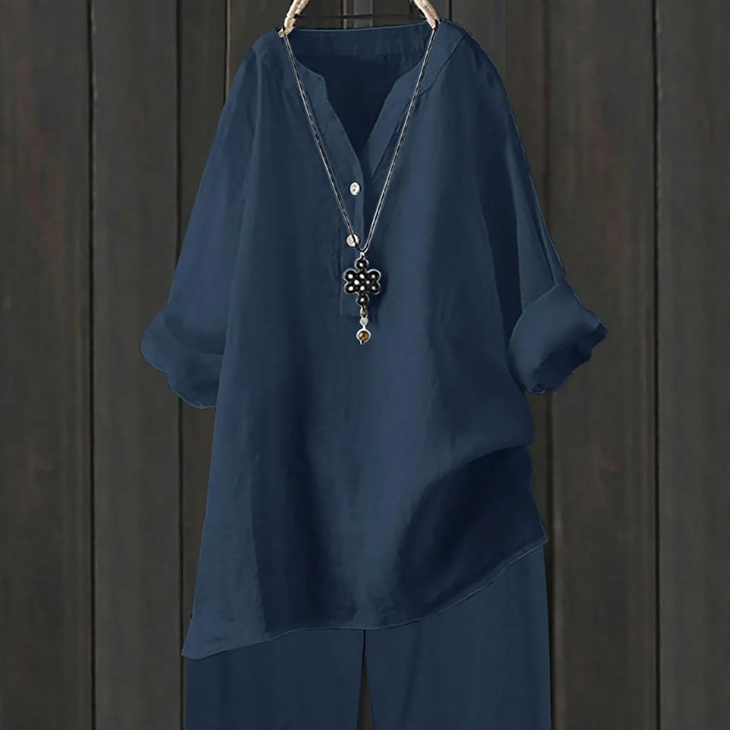 Linen Shirts for Women Summer Trendy Cotton Roll-Up Sleeve Shirts Dressy Casual Button V Neck Blouse Loose Gauze Top