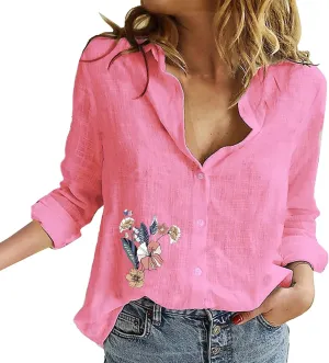 Linen Shirts for Women V Neck Casual Long Sleeve Loose Shirt Tops Trendy Tops for Women 2024 Linen Shirts for Women