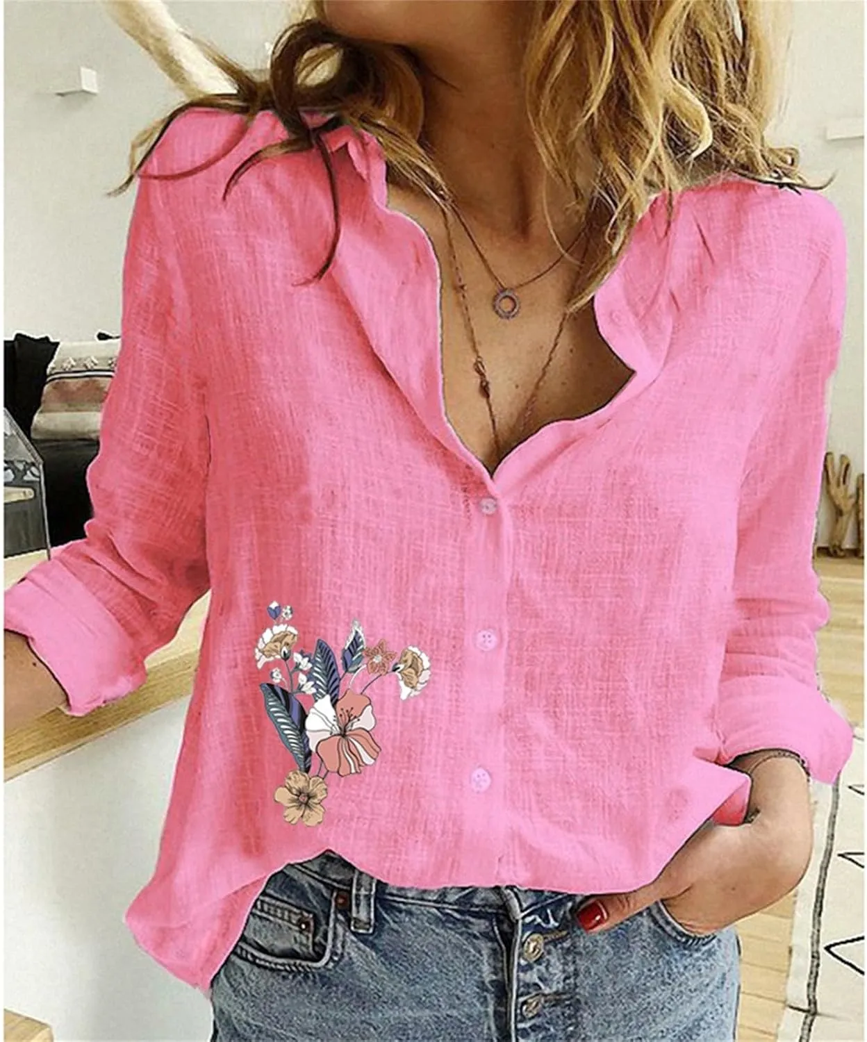 Linen Shirts for Women V Neck Casual Long Sleeve Loose Shirt Tops Trendy Tops for Women 2024 Linen Shirts for Women