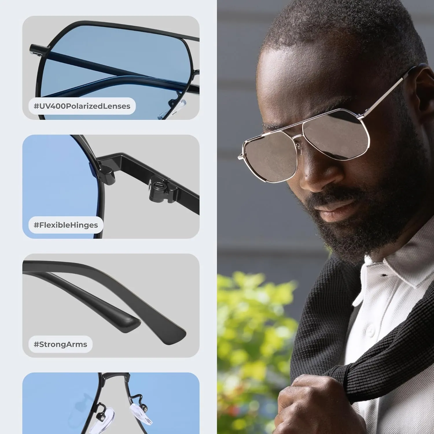 livho Polarized Aviator Sunglasses for Men, Trendy Square Sun Glasses for Men, Oversized UV Protection Men Fashion Sunglasses, Medium, Black/Blue