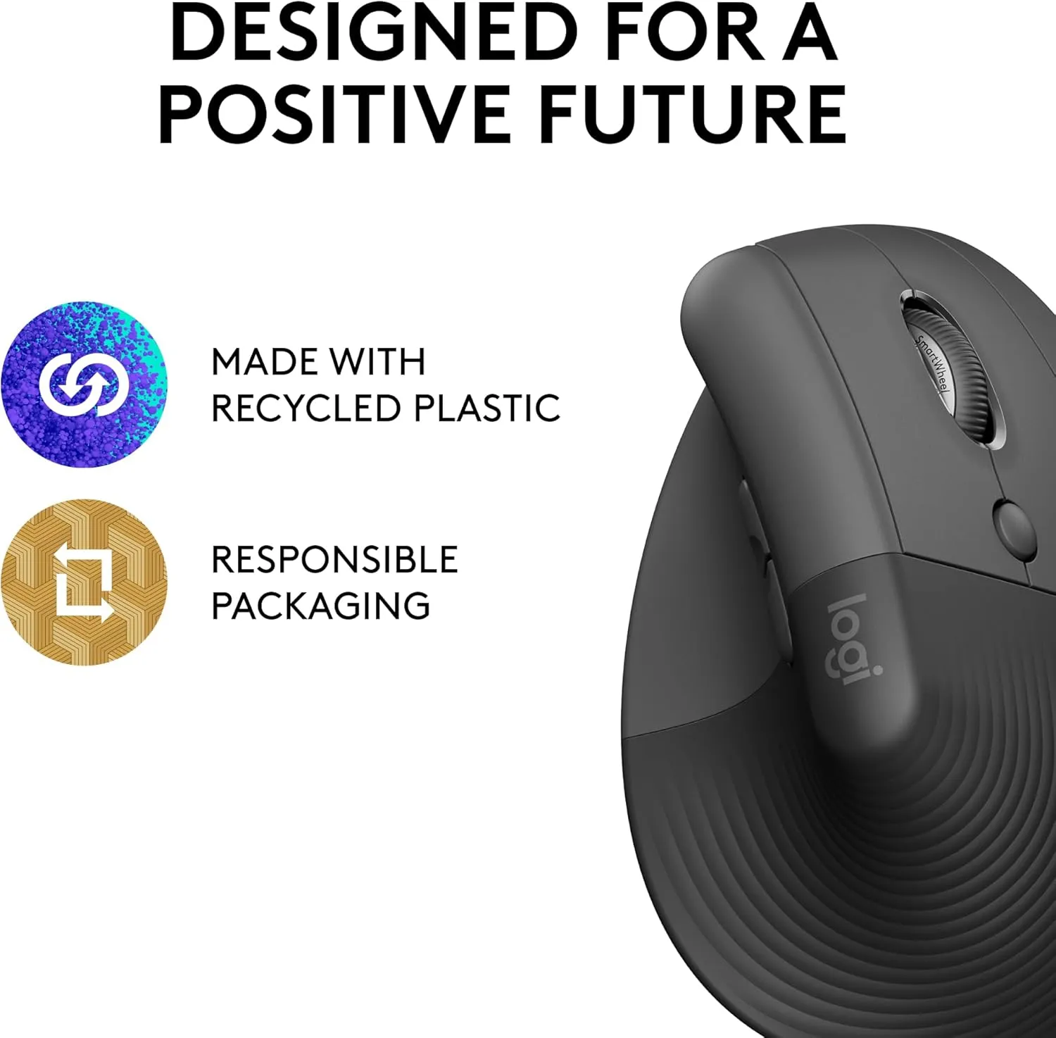 Logitech Lift Vertical Ergonomic Mouse, Wireless, Bluetooth or Logi Bolt USB receiver, Quiet clicks, 4 buttons, compatible with Windows/macOS/iPadOS, Laptop, PC - Graphite