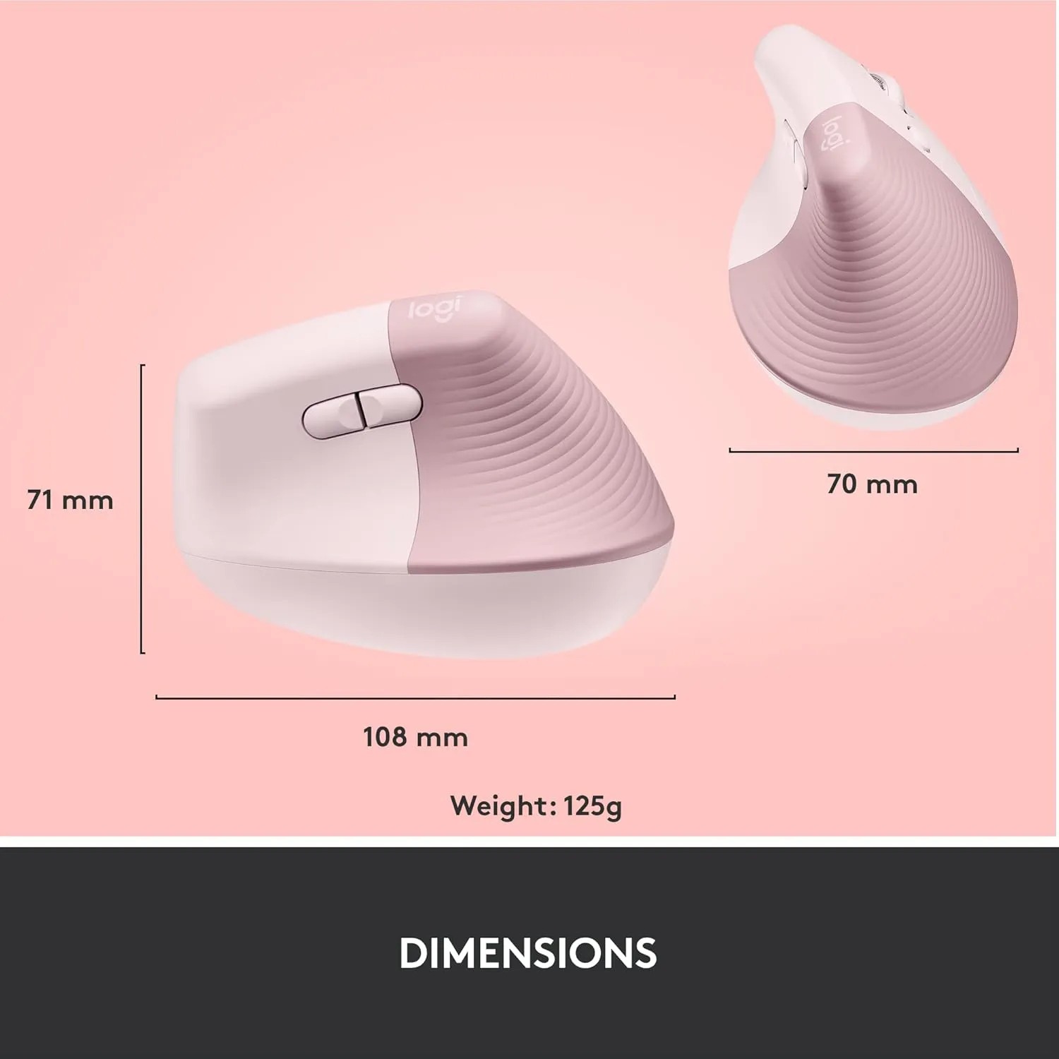 Logitech Lift Vertical Ergonomic Mouse, Wireless, Bluetooth or Logi Bolt USB receiver, Quiet clicks, 4 buttons, compatible with Windows/macOS/iPadOS, Laptop, PC - Rose