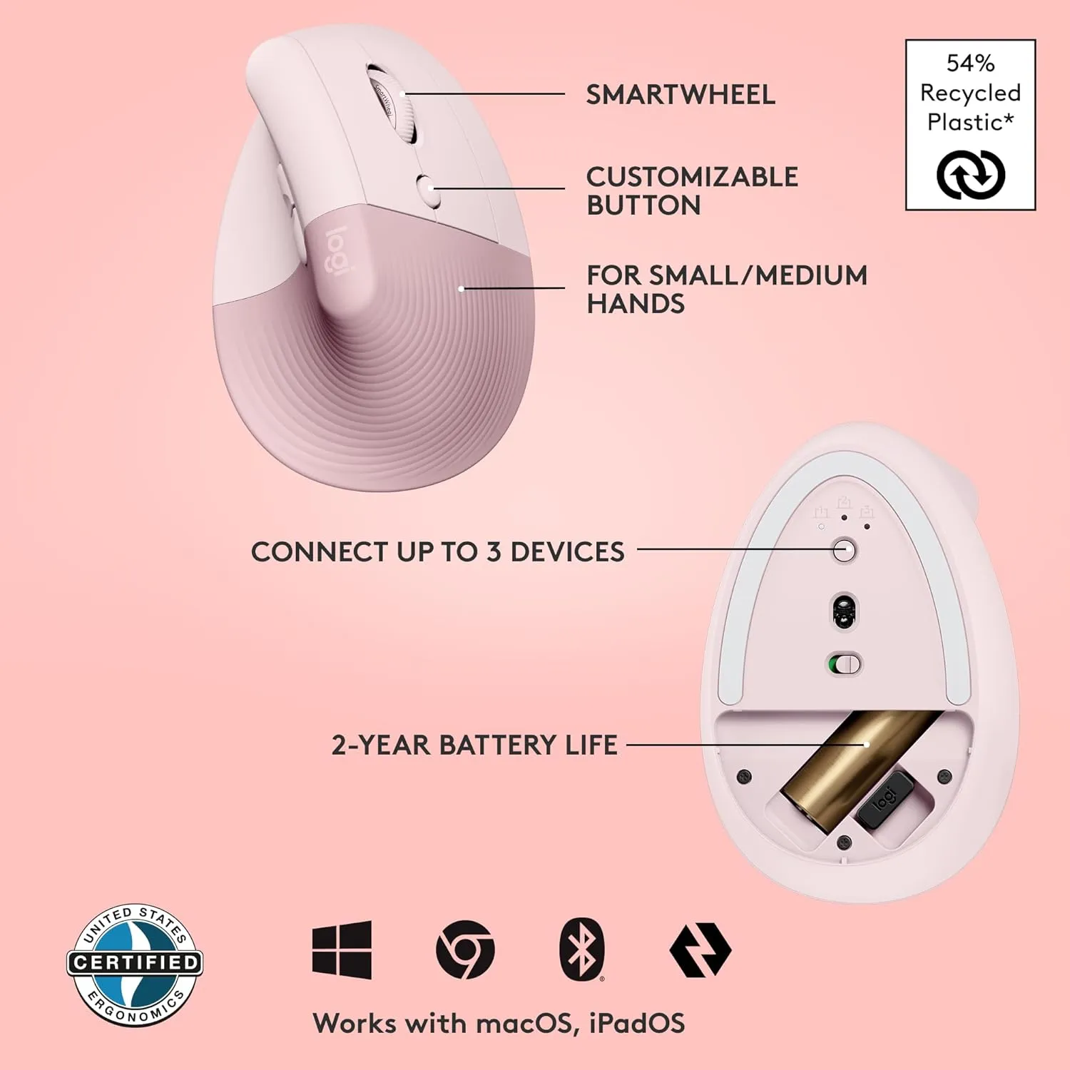 Logitech Lift Vertical Ergonomic Mouse, Wireless, Bluetooth or Logi Bolt USB receiver, Quiet clicks, 4 buttons, compatible with Windows/macOS/iPadOS, Laptop, PC - Rose