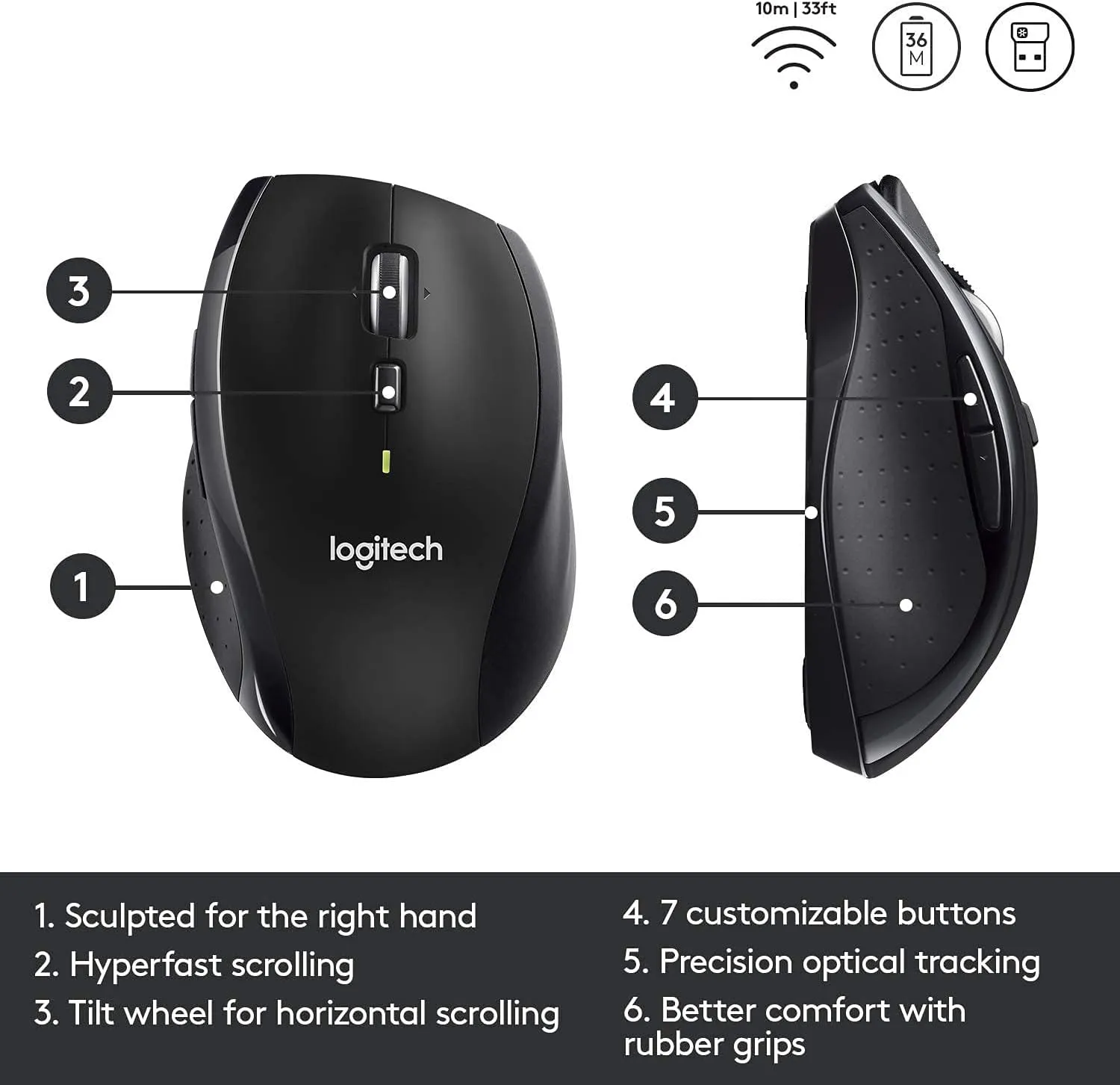 Logitech M705 Wireless Marathon Mouse for PC - Long 3 Year Battery Life, Ergonomic Shape with Hyper-Fast Scrolling and USB Unifying Receiver for Computer and Laptop - Black (Renewed)
