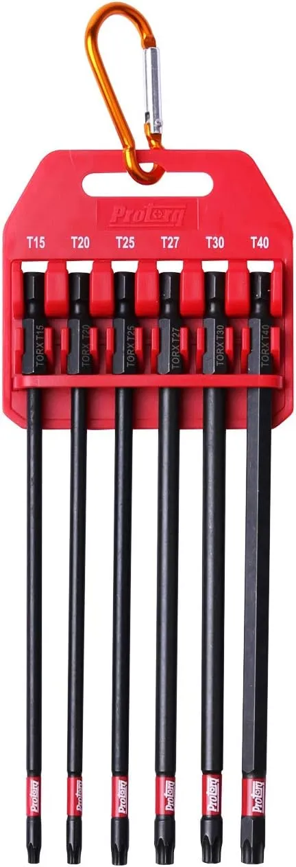 Long Impact Bit Set, T15-T40 TORX, 6-Inch Length, 6-Piece,Industrial Strength, 1/4" Hex Shank