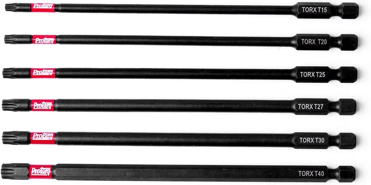 Long Impact Bit Set, T15-T40 TORX, 6-Inch Length, 6-Piece,Industrial Strength, 1/4" Hex Shank