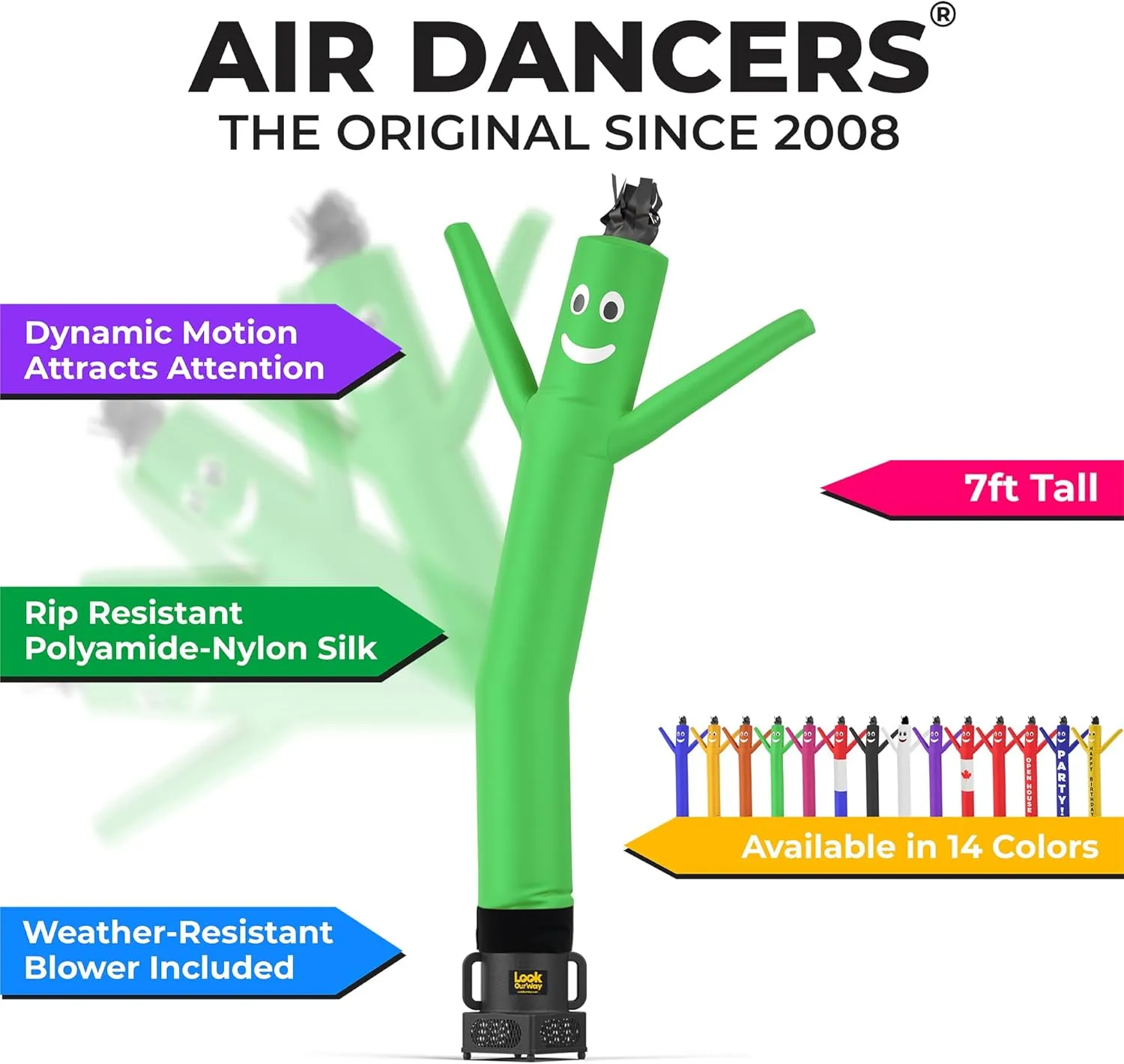 LookOurWay Air Dancers Wacky Waving Inflatable Tube Man Set - 7ft Tall Advertising Air Dancer Waving Man Inflatable Tube Guy with Sky Dancer Blower - Green